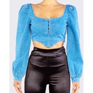 Women's Vintage Style  Bohemian Medium Blue Denim Corset Crop Top …